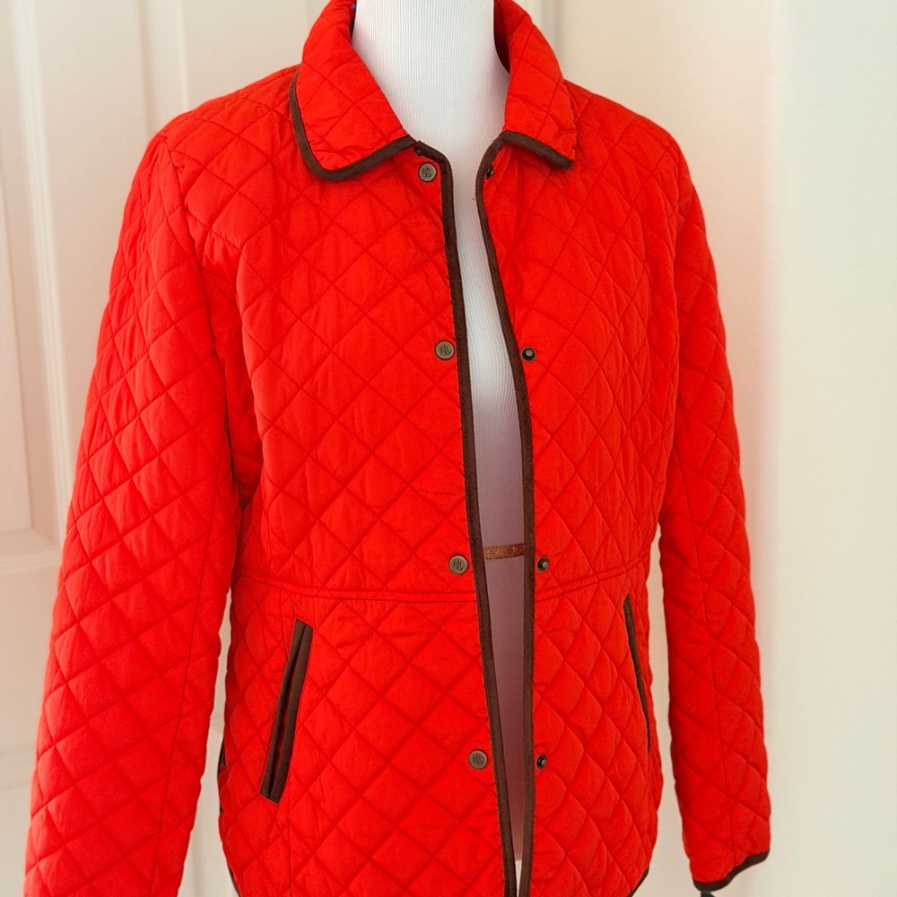 Ralph Lauren Orange Quilted Field Jacket. Classic look. Brown Suede trim.